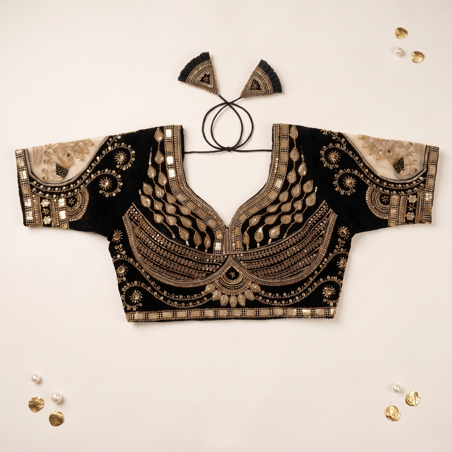 Black Hand-Embroidered Zari & Sequin Bridal Blouse with Sheer Net Sleeves