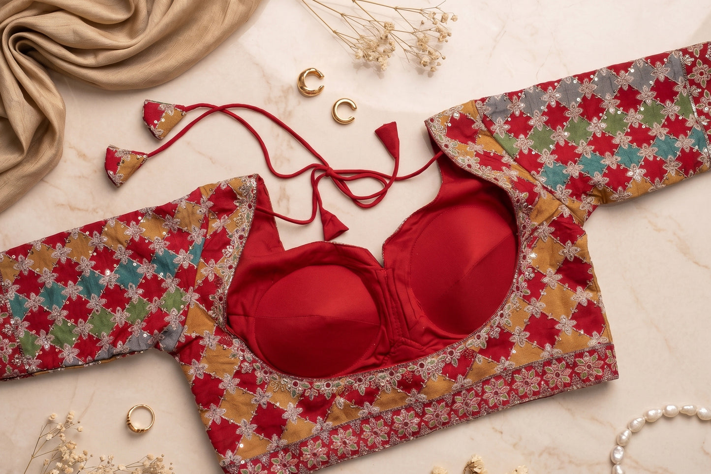 Red Patchwork Floral Sequin Blouse