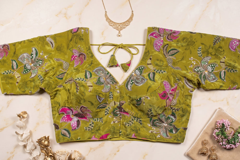 Green Velvet Hand-Embroidered Blouse with Dori Tie-Back