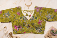 Green Velvet Hand-Embroidered Blouse with Dori Tie-Back