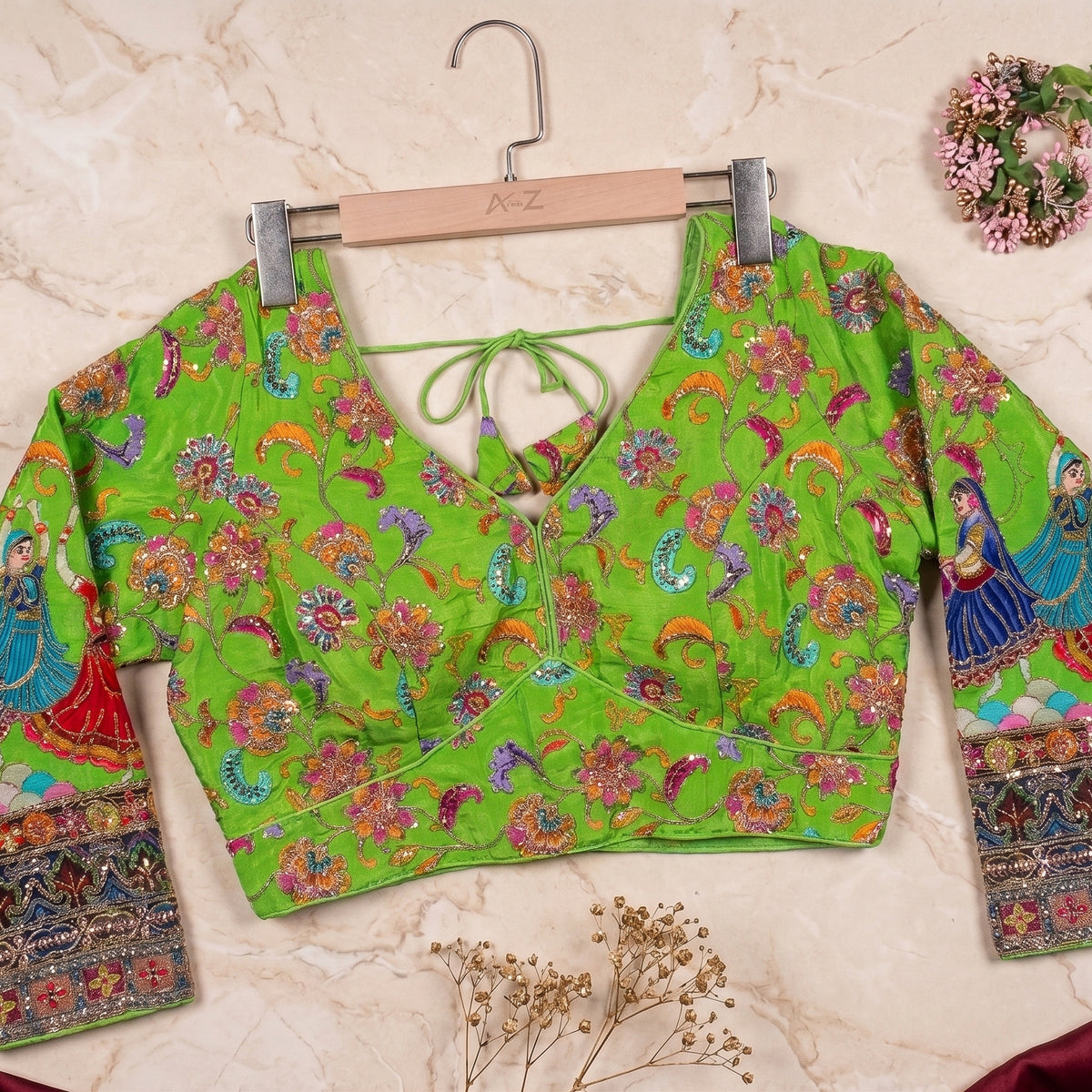 Lime Green Silk Blouse with Hand-Crafted Traditional Dancer Border & Zardosi Work
