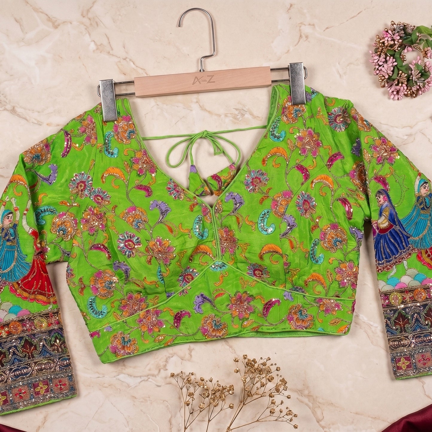 Lime Green Silk Blouse with Hand-Crafted Traditional Dancer Border & Zardosi Work