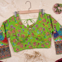Lime Green Silk Blouse with Hand-Crafted Traditional Dancer Border & Zardosi Work