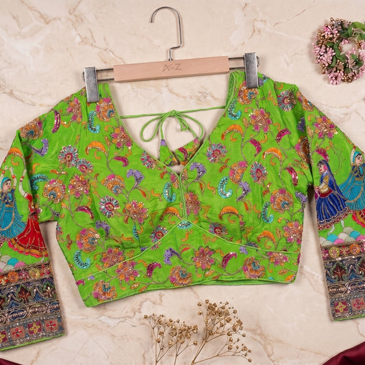 Lime Green Silk Blouse with Hand-Crafted Traditional Dancer Border & Zardosi Work