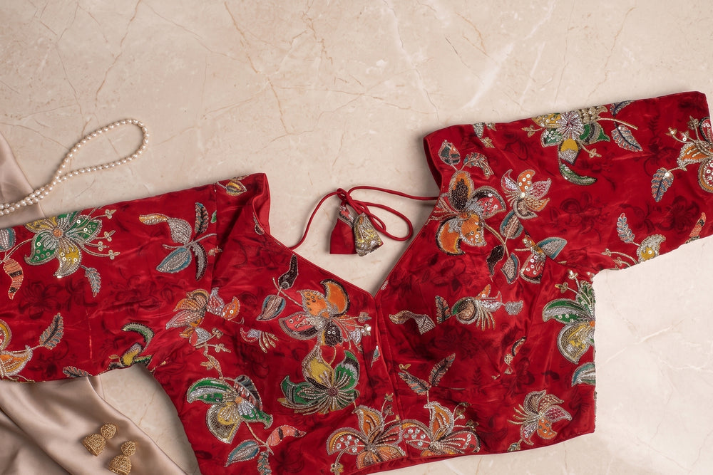 Red Velvet Floral Zardozi Blouse with Tassels