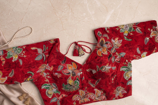 Red Velvet Floral Zardozi Blouse with Tassels