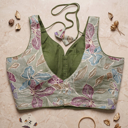 Olive Green Floral Embroidered Sweetheart Blouse
