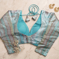 Turquoise Metallic Striped Deep V-Neck Blouse