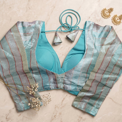 Turquoise Metallic Striped Deep V-Neck Blouse