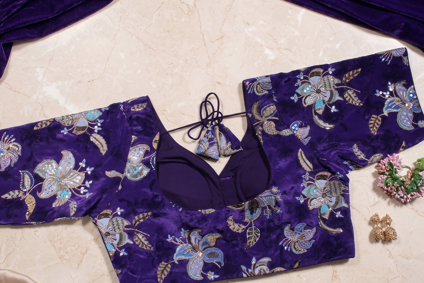 Purple Velvet Floral Sequin Work Blouse
