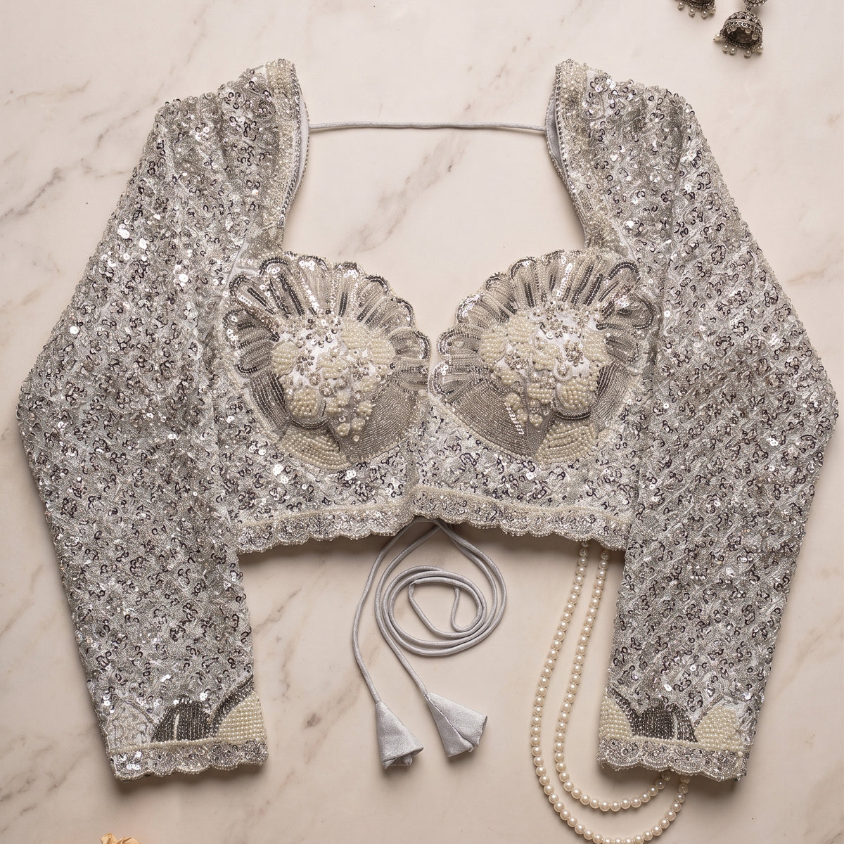 Grey Embroidered Blouse with Sheer Sleeves and Cutdana Work