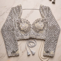 Grey Embroidered Blouse with Sheer Sleeves and Cutdana Work