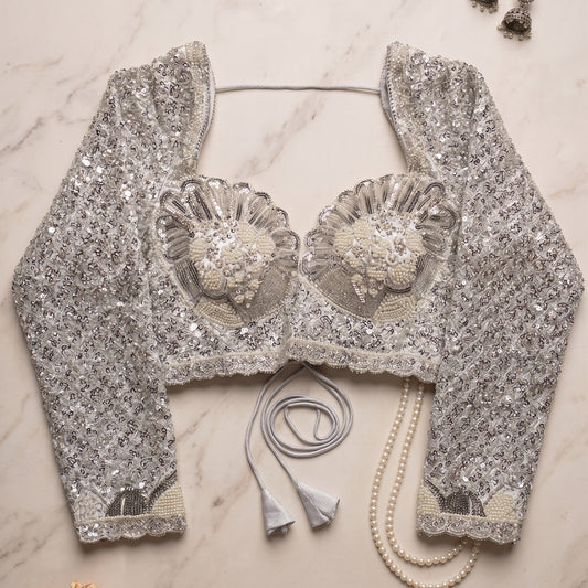 Grey Embroidered Blouse with Sheer Sleeves and Cutdana Work
