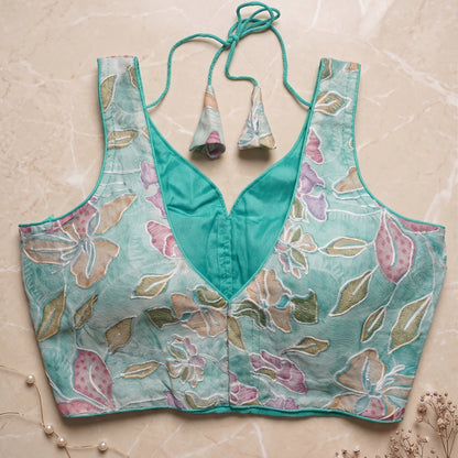 Sea-Green Floral Embroidered Sweetheart Blouse