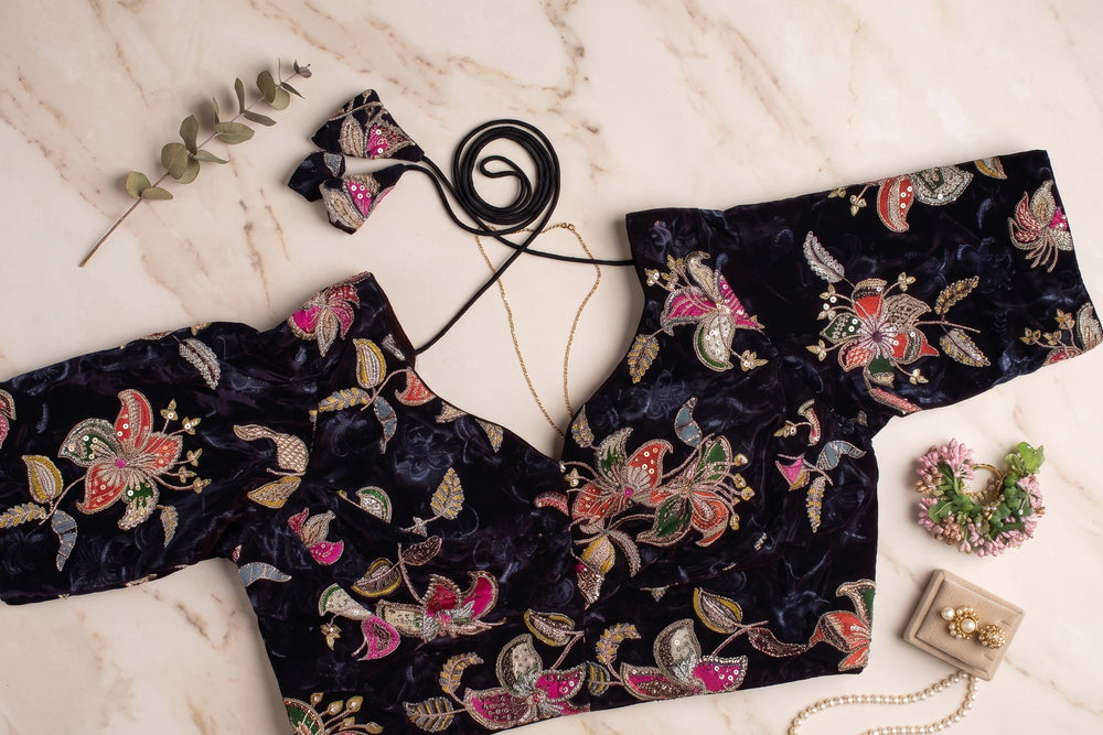 Black Velvet Zardozi Embroidered Festive Blouse