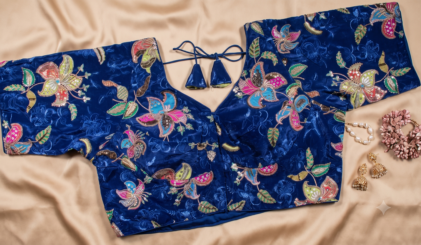 Royal Blue Velvet Floral Embroidered Blouse with Sweetheart Neck