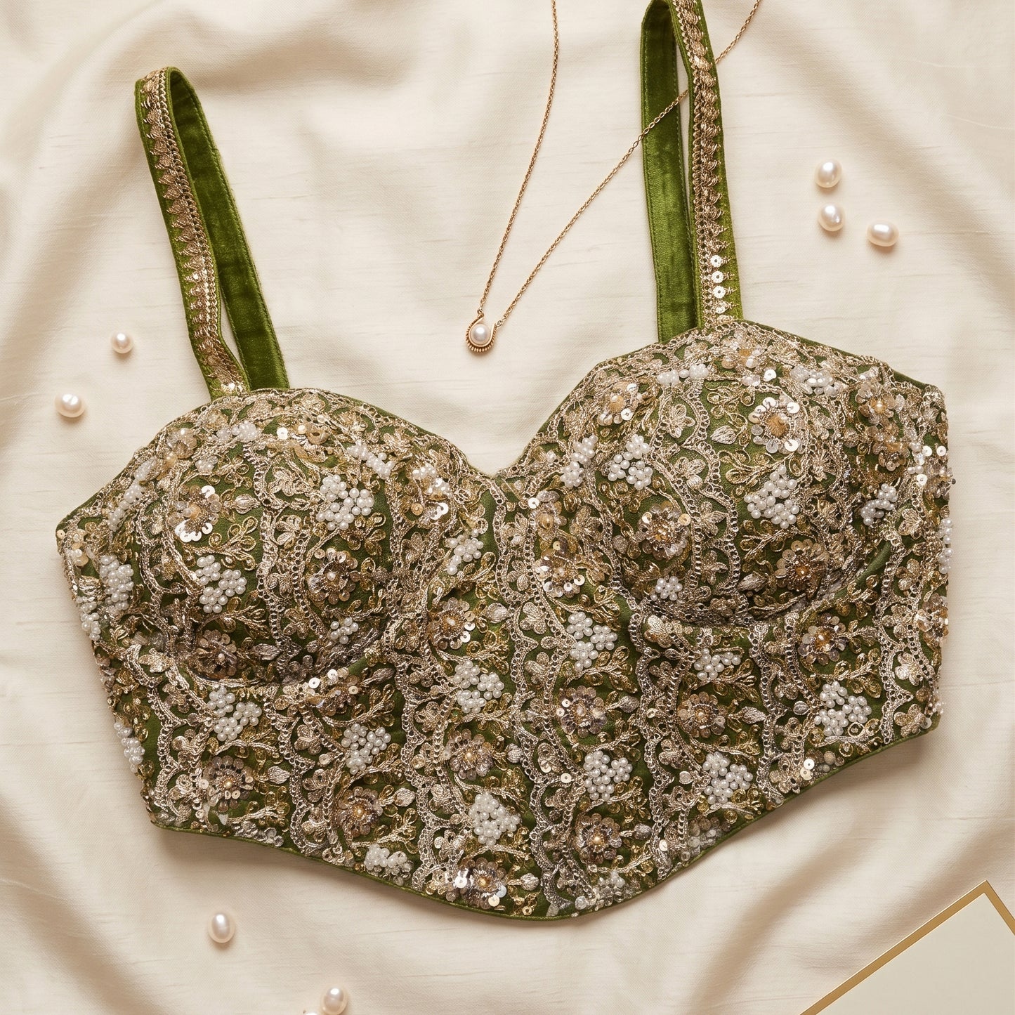 Mehendi Green Pearl-Embellished Corset Blouse