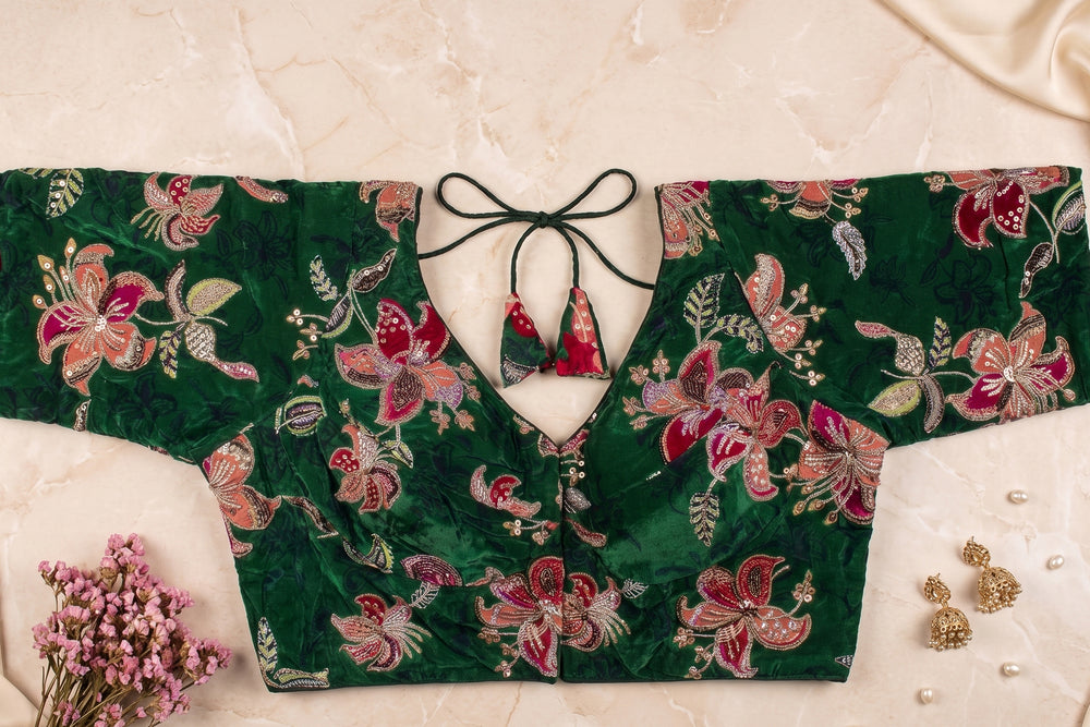 Green Velvet Heavy Embroidered Festive Blouse