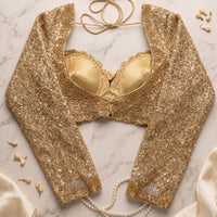 Gold Sheer Sleeve Blouse with Tone-on-Tone Floral Embroidery