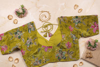 Green Velvet Hand-Embroidered Blouse with Dori Tie-Back