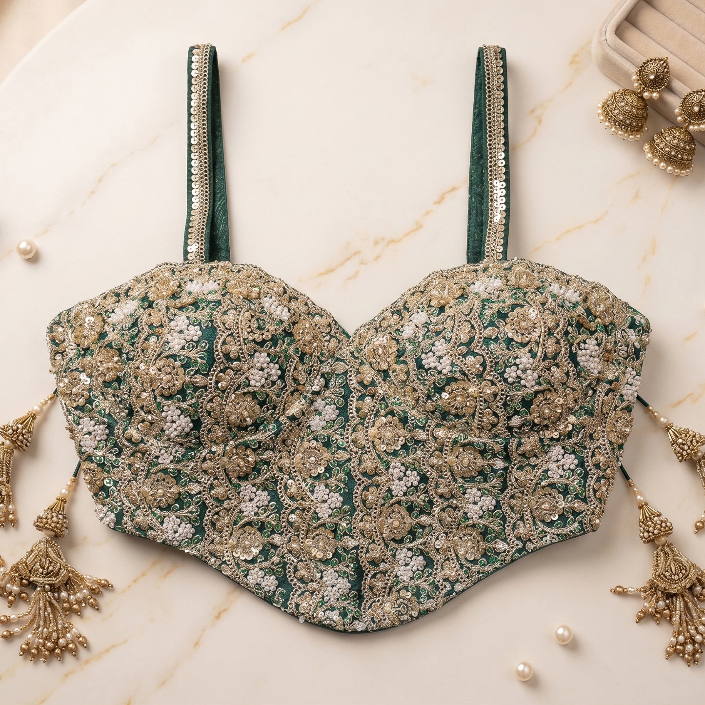 Forest Green Pearl-Embellished Corset Blouse