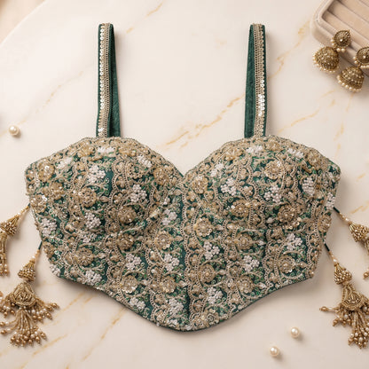 Forest Green Pearl-Embellished Corset Blouse