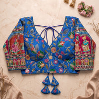 Royal Blue Silk Saree Blouse with Intricate Traditional Royal Figure Sleeves