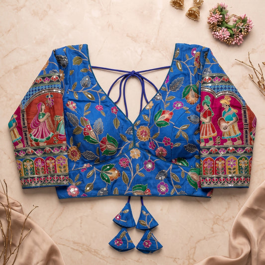 Royal Blue Silk Saree Blouse with Intricate Traditional Royal Figure Sleeves