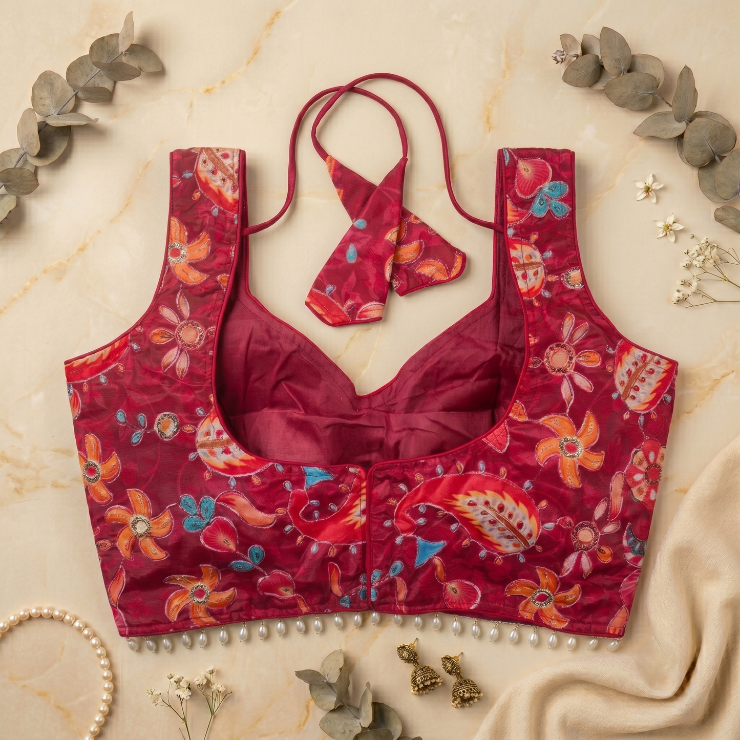 Crimson Red Floral V-Neck Saree Blouse with Sequins and Pearl Fringe