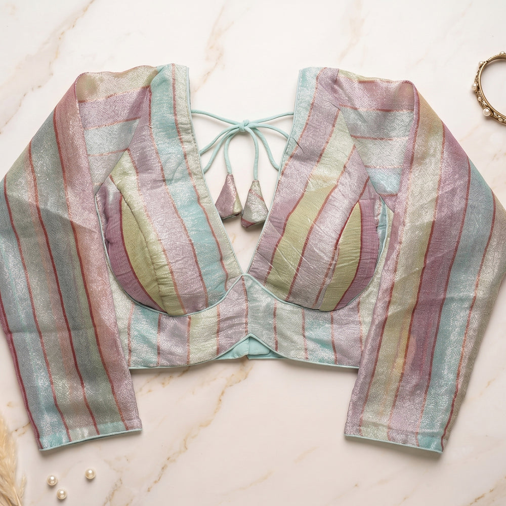Ice Blue Rainbow Zari Handcrafted Blouse with Dori Tassels