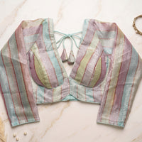Ice Blue Rainbow Zari Handcrafted Blouse with Dori Tassels