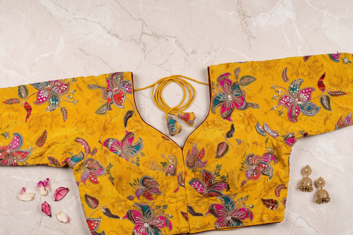 Yellow Velvet Floral Sequin Blouse