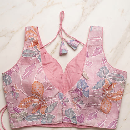 Lilac Pink Floral Embroidered Sweetheart Blouse