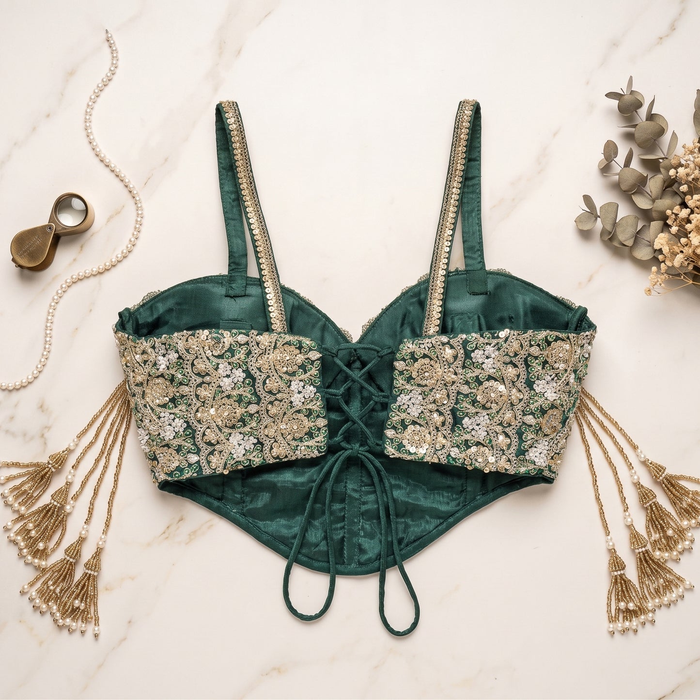 Forest Green Pearl-Embellished Corset Blouse