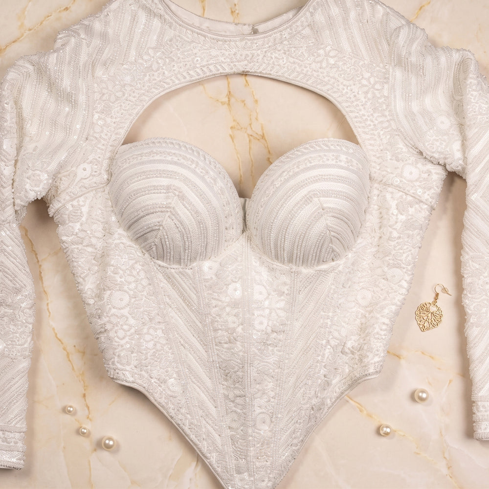 Off-White Heavily Sequined Corset Blouse with Cut-Out High Neck & Full Sleeves