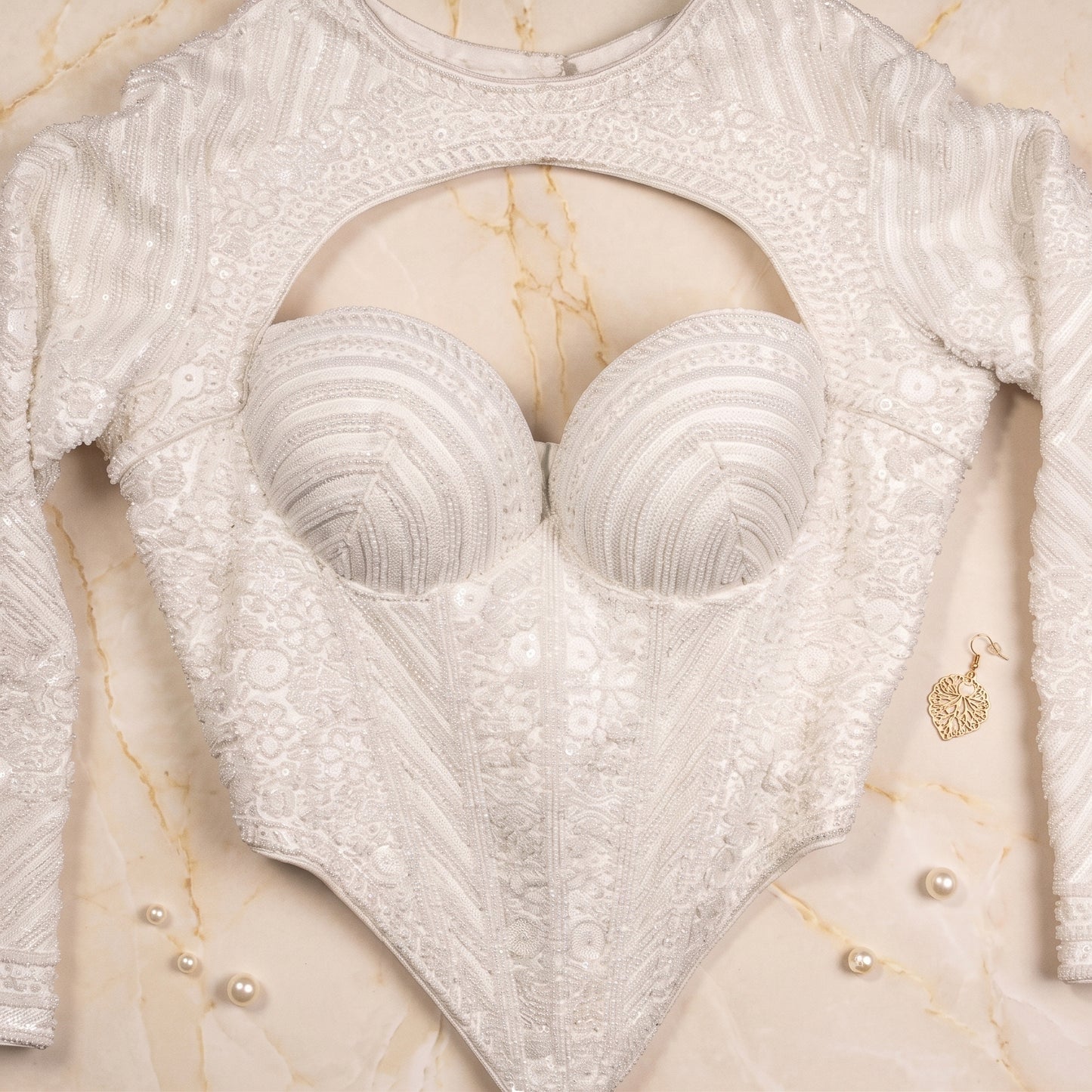 Off-White Heavily Sequined Corset Blouse with Cut-Out High Neck & Full Sleeves