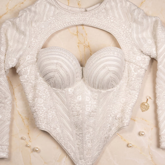 Off-White Heavily Sequined Corset Blouse with Cut-Out High Neck & Full Sleeves