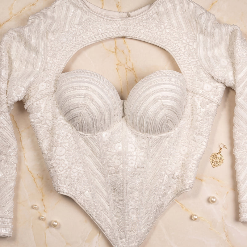 Off-White Heavily Sequined Corset Blouse with Cut-Out High Neck & Full Sleeves