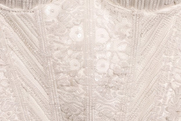 Off-White Heavily Sequined Corset Blouse with Cut-Out High Neck & Full Sleeves