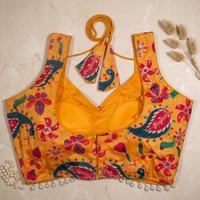 Mustard Yellow Vibrant Floral Print Blouse with Pearl Detailing