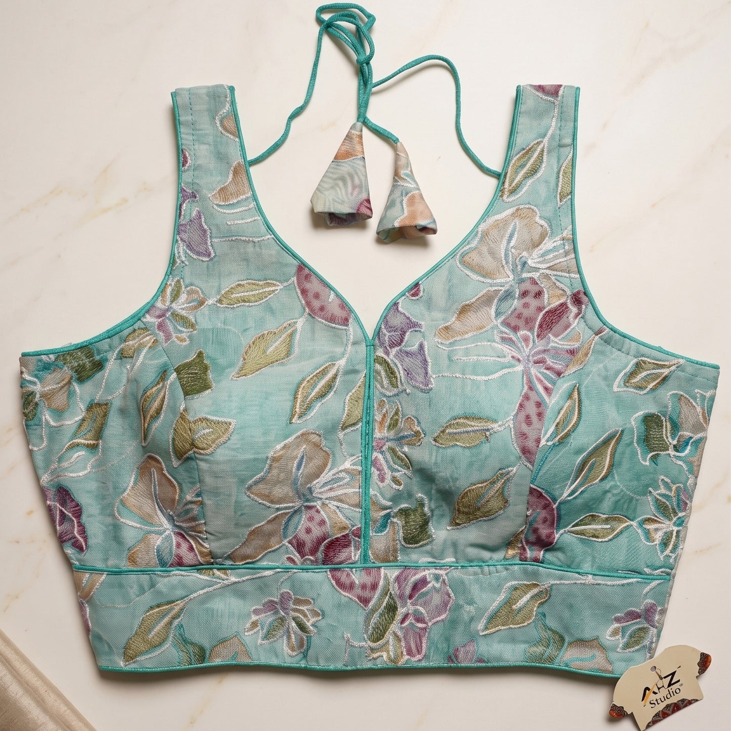 Sea-Green Floral Embroidered Sweetheart Blouse