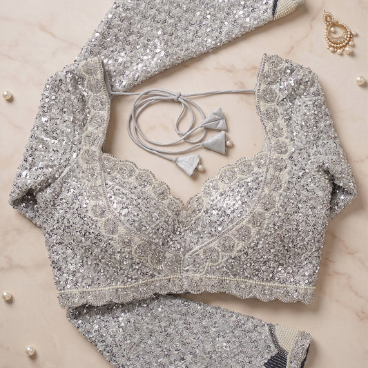 Silver Nude Hand-Embroidered Blouse with Delicate Sequin Borders