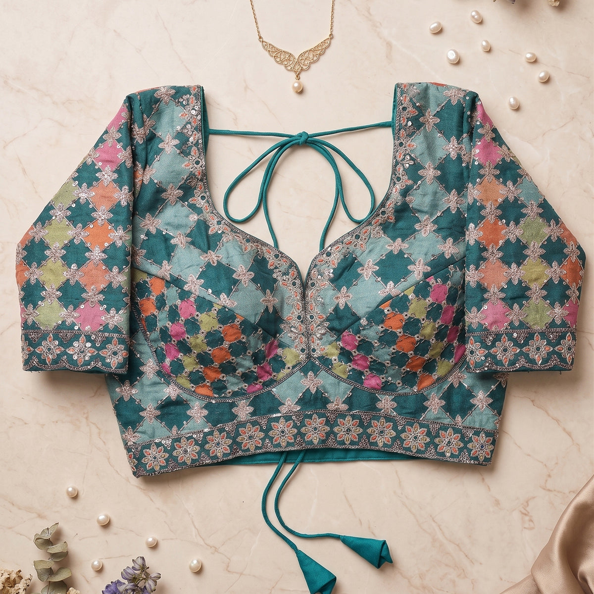 Rama Patchwork Embroidered Blouse with Floral Border
