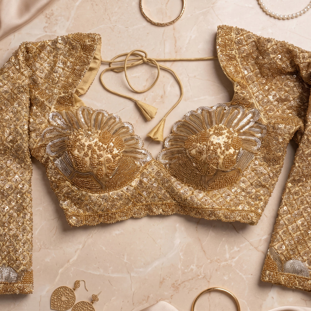 Gold Sheer Sleeve Blouse with Tone-on-Tone Floral Embroidery