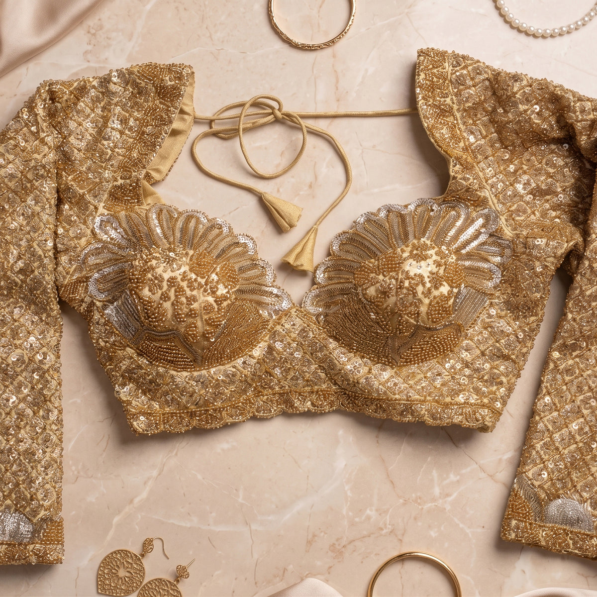 Gold Sheer Sleeve Blouse with Tone-on-Tone Floral Embroidery