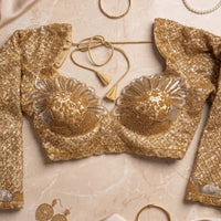 Gold Sheer Sleeve Blouse with Tone-on-Tone Floral Embroidery