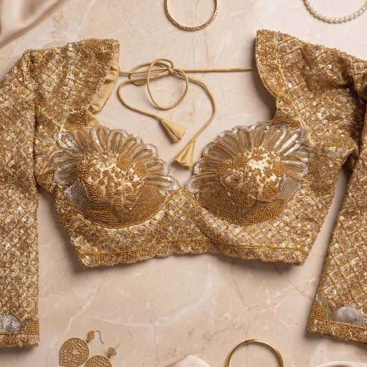 Gold Sheer Sleeve Blouse with Tone-on-Tone Floral Embroidery