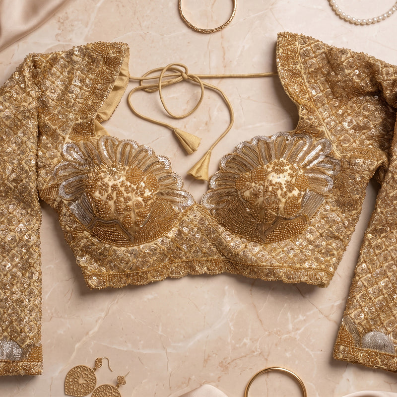 Gold Sheer Sleeve Blouse with Tone-on-Tone Floral Embroidery