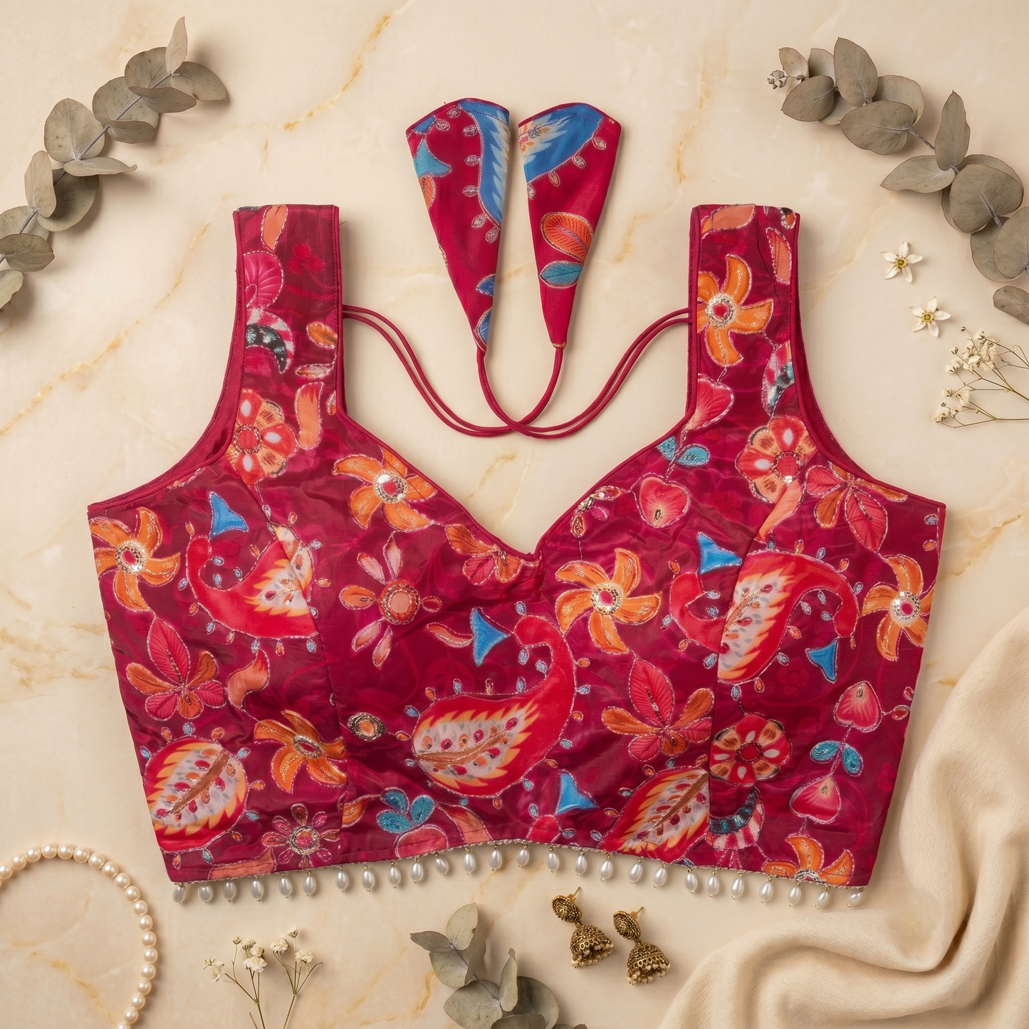 Crimson Red Floral V-Neck Saree Blouse with Sequins and Pearl Fringe
