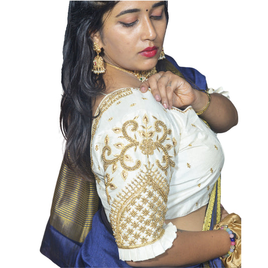 Cream Blouse with Leaf Sleeves & Dual Embroidery